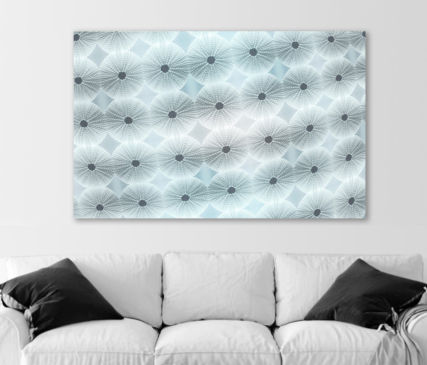 Framed Canvas Print with Abstract Seashell Sea Urchin in Pastel Blue
