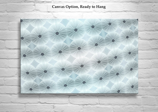 Framed Canvas Print with Abstract Seashell Sea Urchin in Pastel Blue