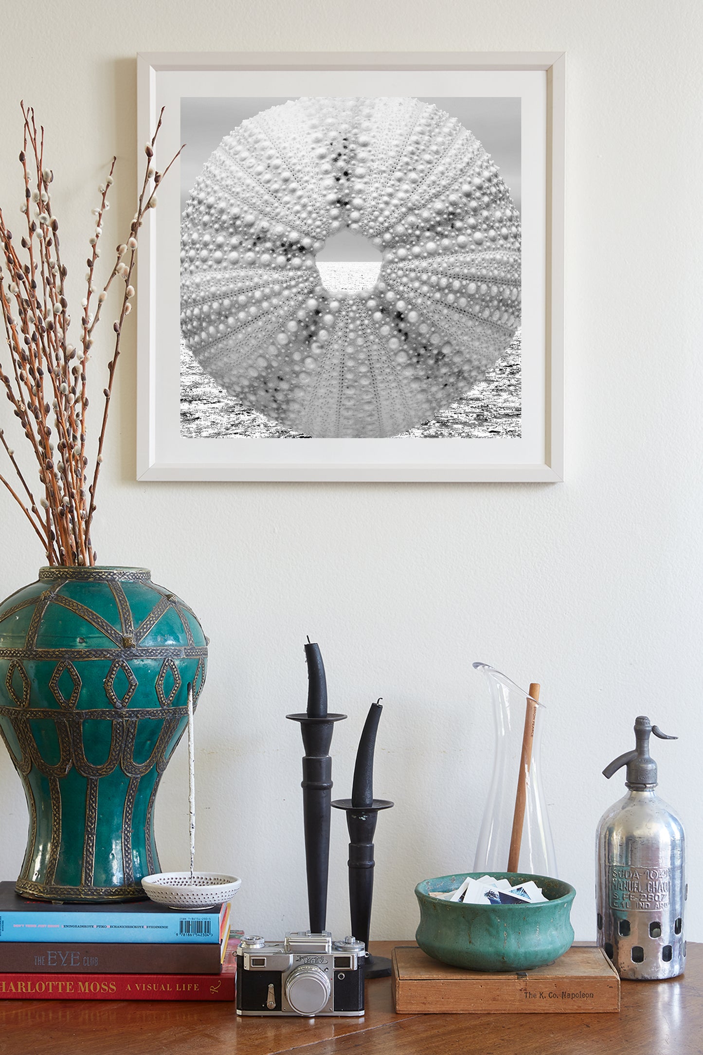 Sea Urchin Surreal Ocean Art Print in Black & White for Bath or Home