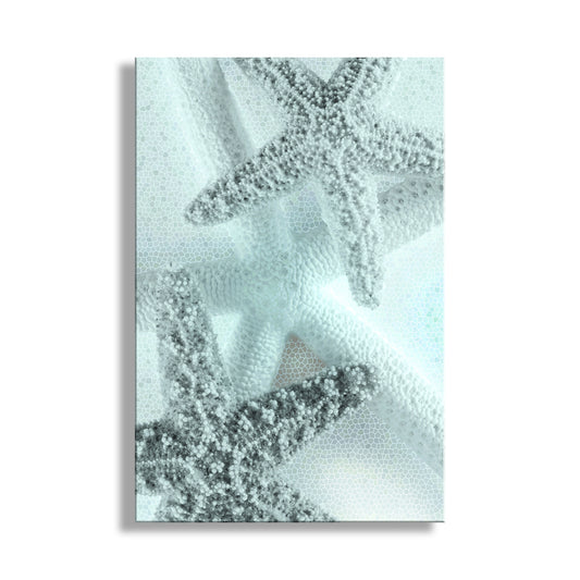 Close-up of textured fabric with starfish pattern on a light blue background. Pale Blue Bathroom Wall Art with Starfish | Coastal Home Decor