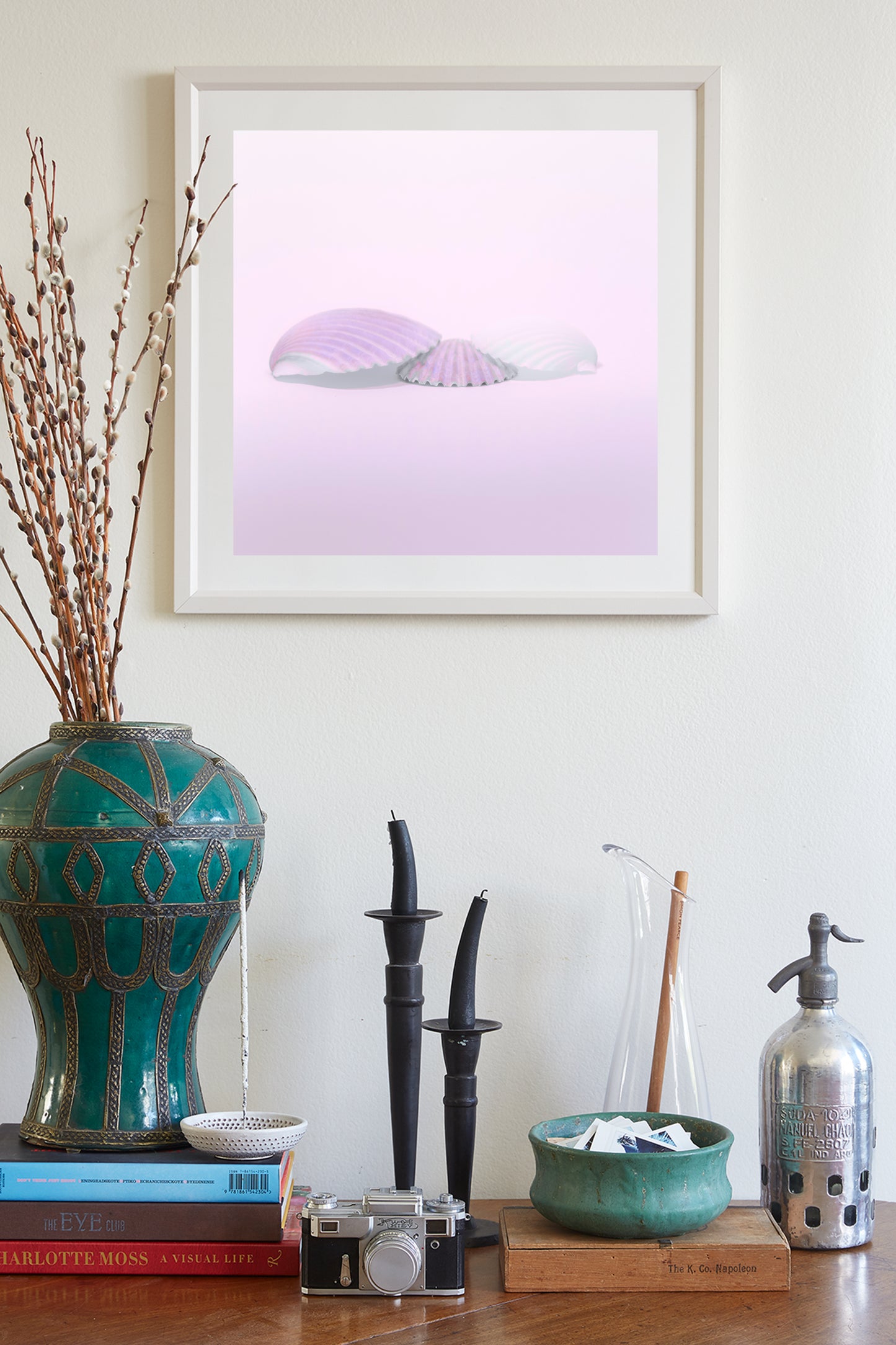 Bathroom Wall Decor with Pastel Seashells in Periwinkle Blue