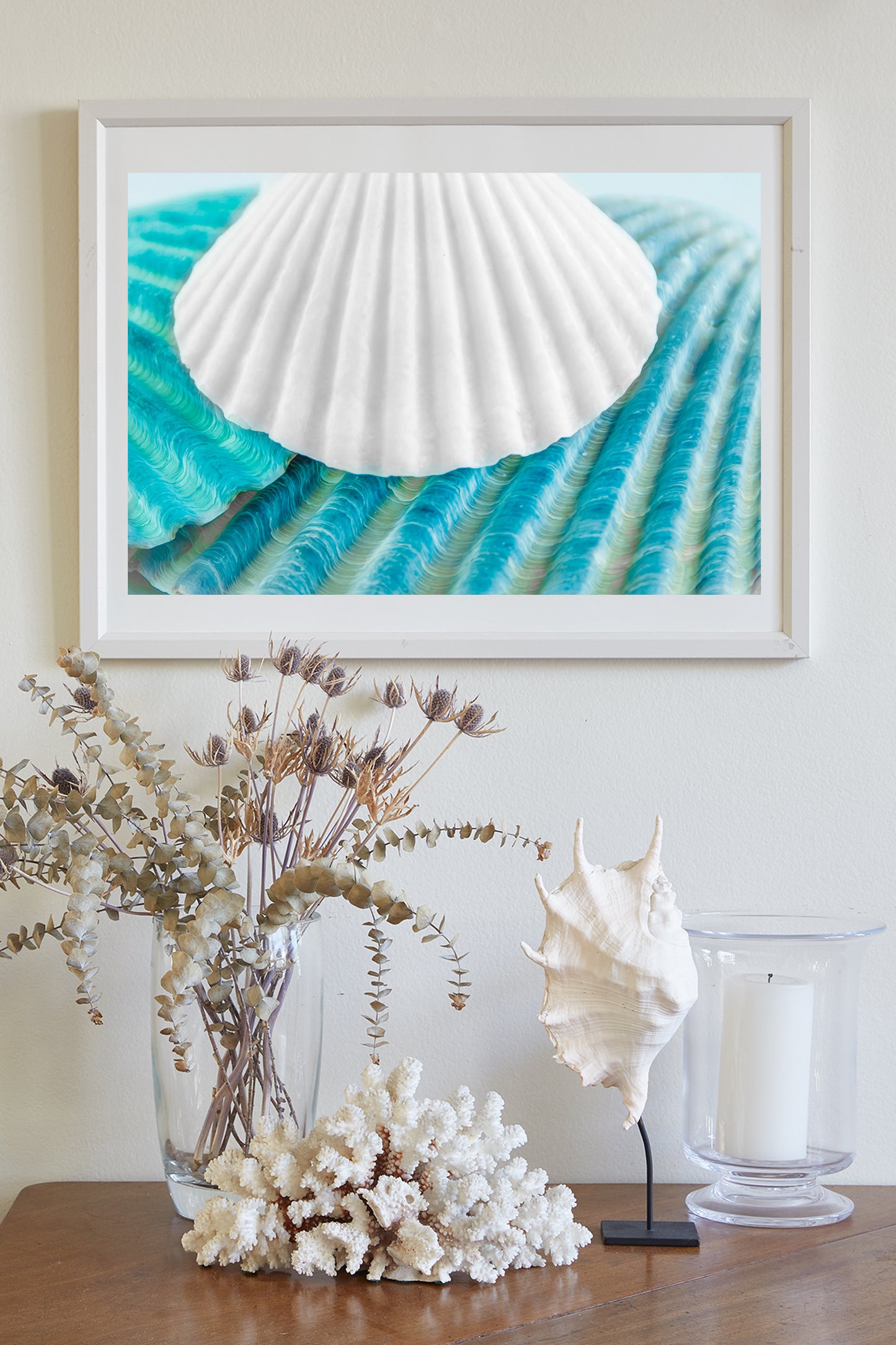 Seashell Wall Decor in Pale Blue for Bathroom or Home on Framed Canvas as Gift Idea