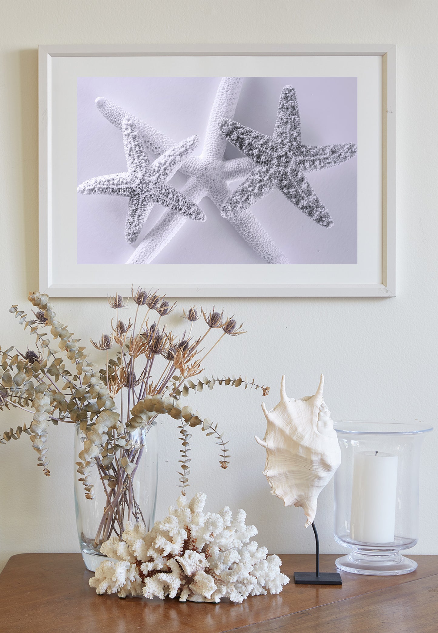 Seashell Art Print in Pale Blue with Starfish for Bathroom or Anywhere