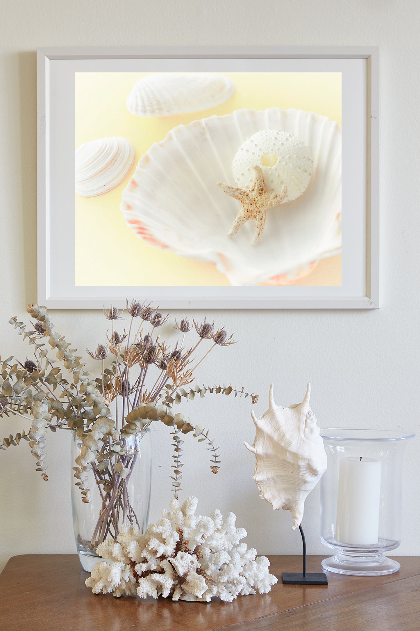Wall Art with Seashells in Pale Yellow as Decor for Bath or Home | Still Life