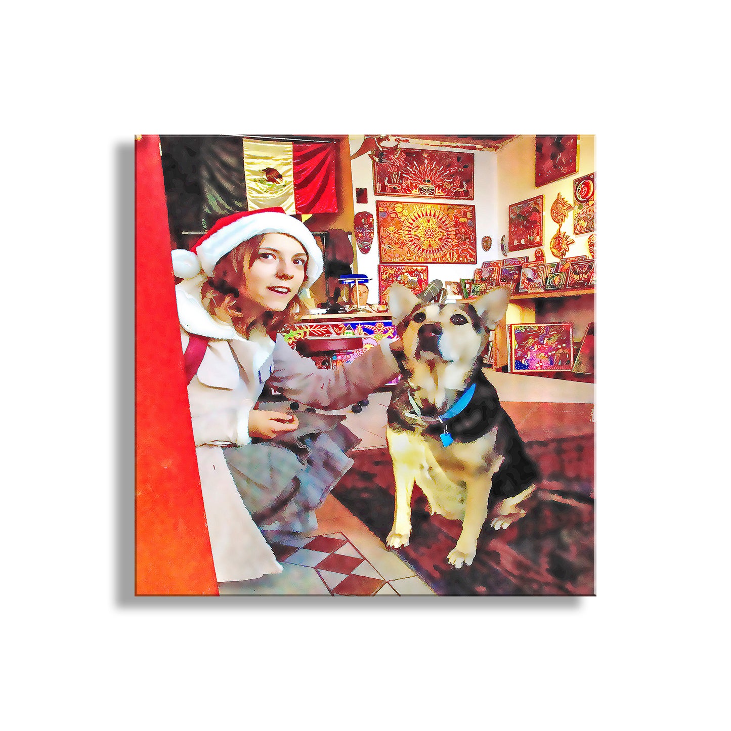 Person in festive attire with a dog in a decorated room. Candid People Portrait Photograph with a Girl and Her Dog at 4th Avenue Tucson Arizona