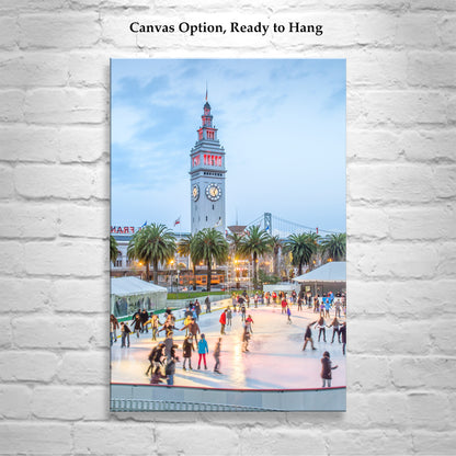San Francisco Holiday Wall Art | Ferry Building at Embarcadero with Clock Tower | Ice Skating in Winter Photograph