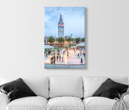 San Francisco Holiday Wall Art | Ferry Building at Embarcadero with Clock Tower | Ice Skating in Winter Photograph