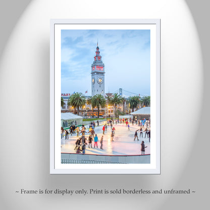 San Francisco Holiday Wall Art | Ferry Building at Embarcadero with Clock Tower | Ice Skating in Winter Photograph