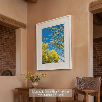 Tree with yellow flowers against a blue sky. Arizona Spring Desert Flower Nature Art with Ocotillo & Palo Verde Tree by Murray Bolesta