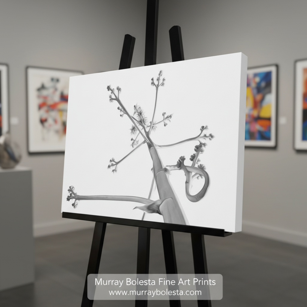 Black and white illustration of a branch with flowers on a white background. Desert Agave Black and White Fine Art Nature Photography. Abstract Minimalist Art. By Murray Bolesta.
