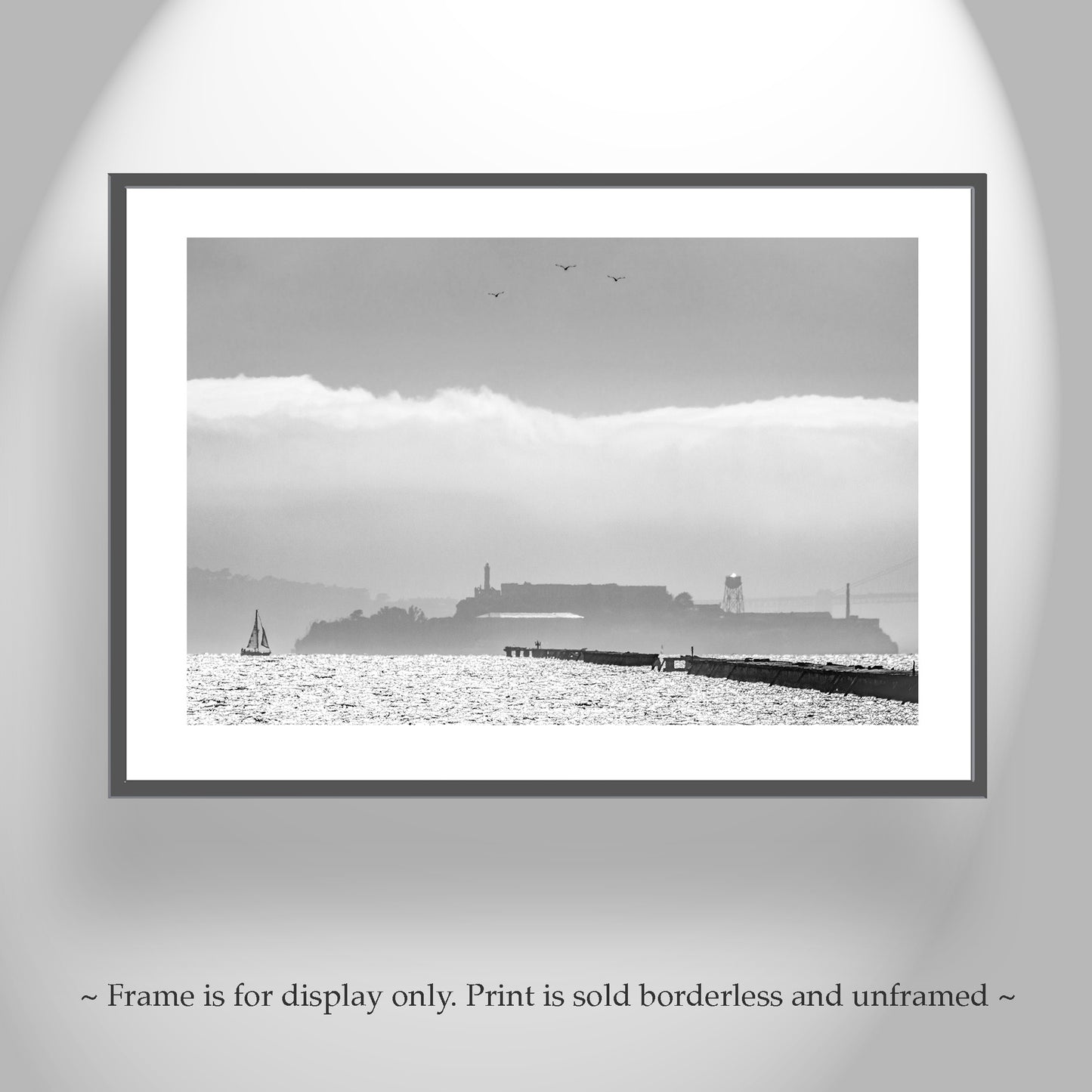 Berkeley Pier Art in Black and White | San Francisco Bay with Alcatraz Island