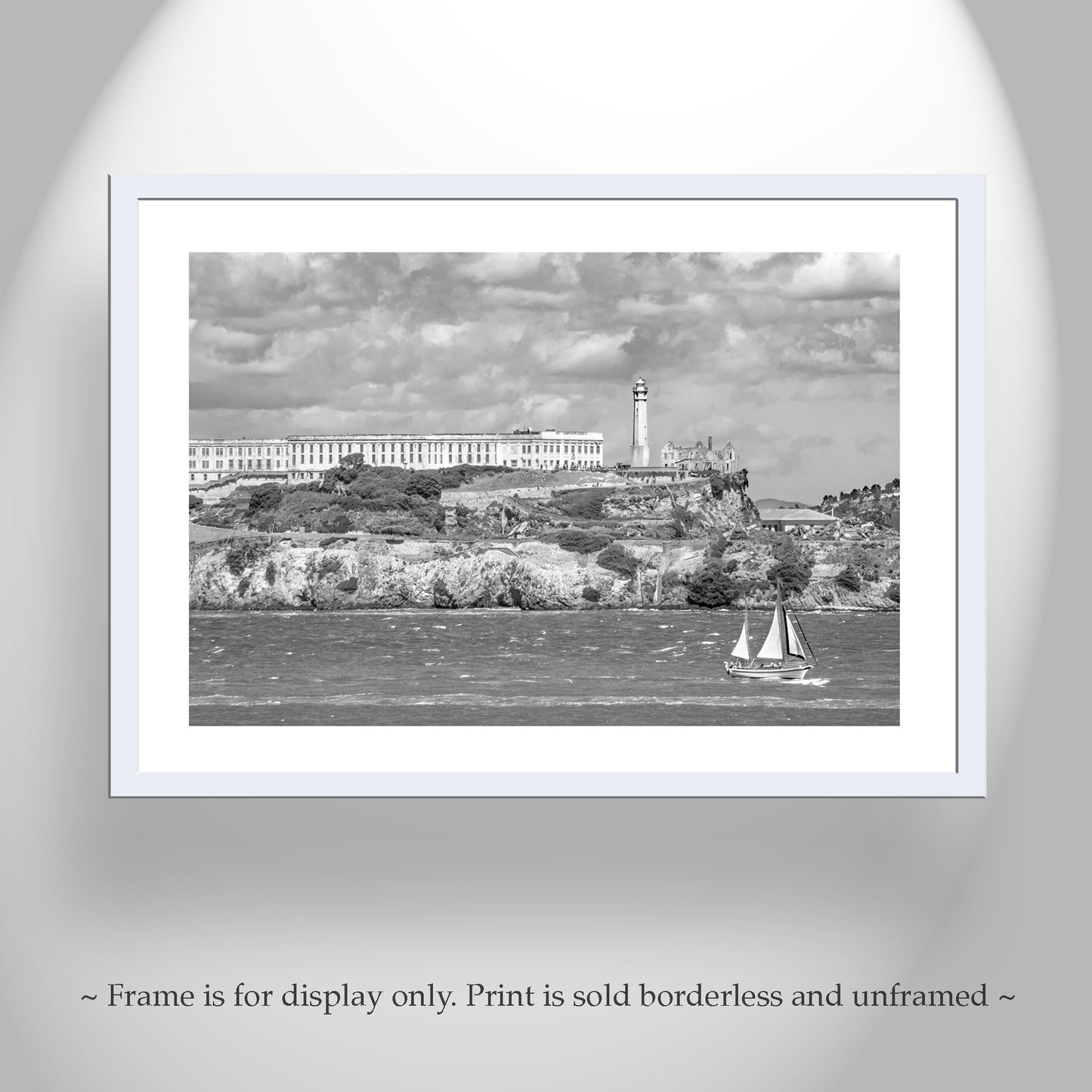 Alcatraz Photo Print in Black and White with San Francisco Bay Sailboat