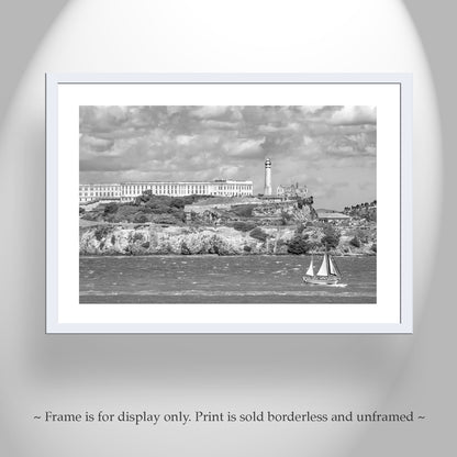 Alcatraz Photo Print in Black and White with San Francisco Bay Sailboat