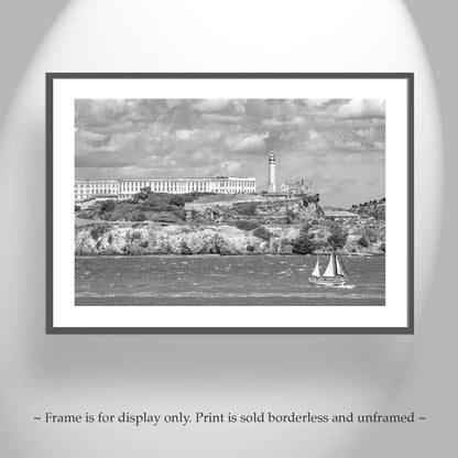 Alcatraz Photo Print in Black and White with San Francisco Bay Sailboat