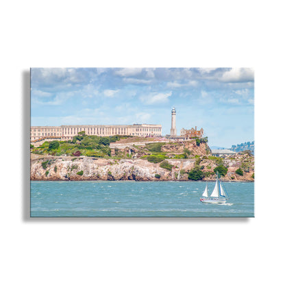 Alcatraz Island with a sailboat in the foreground on a clear day. Beautiful Alcatraz Island! My awesome Alcatraz picture at California's San Francisco Bay, captured by me on a crisp Bay Area morning. Original, unique signed art by Murray Bolesta.