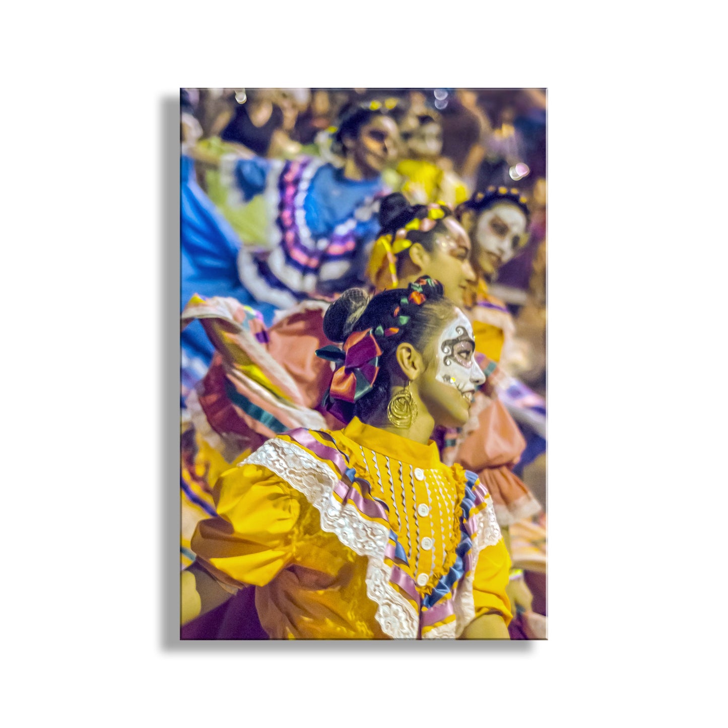 Colorful portrait of a woman with intricate makeup and traditional attire, surrounded by vibrant background elements. Day of the Dead All Souls Folklorico Street Dancers Photography Print