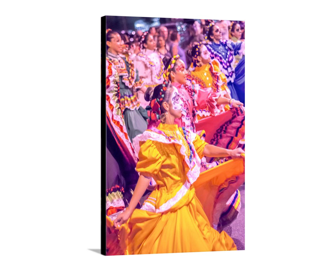 Woman in a yellow dress with floral headpiece in a crowd. Mexican Folk Dance Art Print | All Souls Procession Tucson Arizona