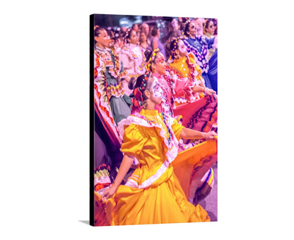 Woman in a yellow dress with floral headpiece in a crowd. Mexican Folk Dance Art Print | All Souls Procession Tucson Arizona