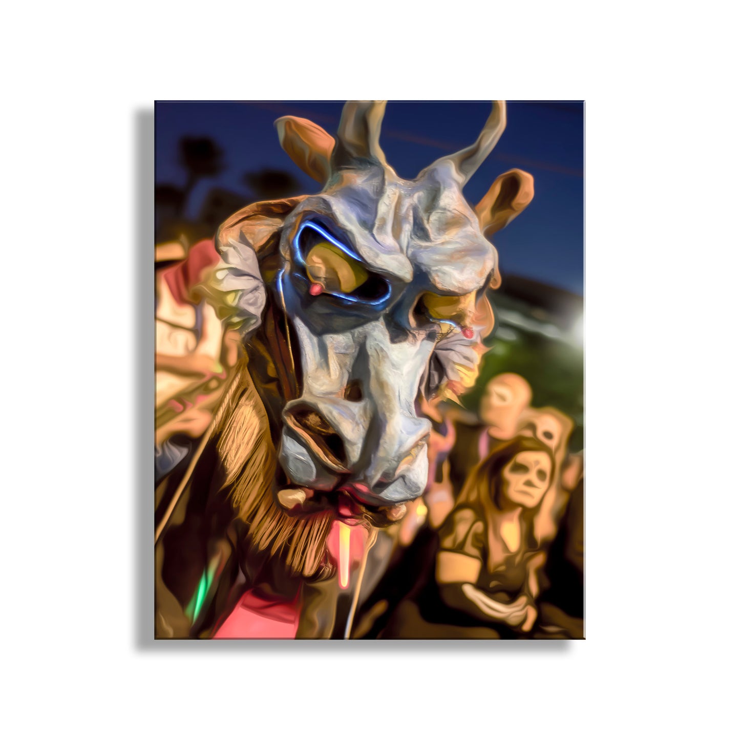 Colorful bull mask with people in the background. Tucson Arizona Day of the Dead Art Print from All Souls Procession | Street Photo