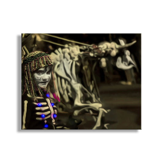 Person wearing a skeleton costume with colorful lights in front of a dark background. All Souls Procession Tucson Arizona Day of the Dead Folklorico Street Parade