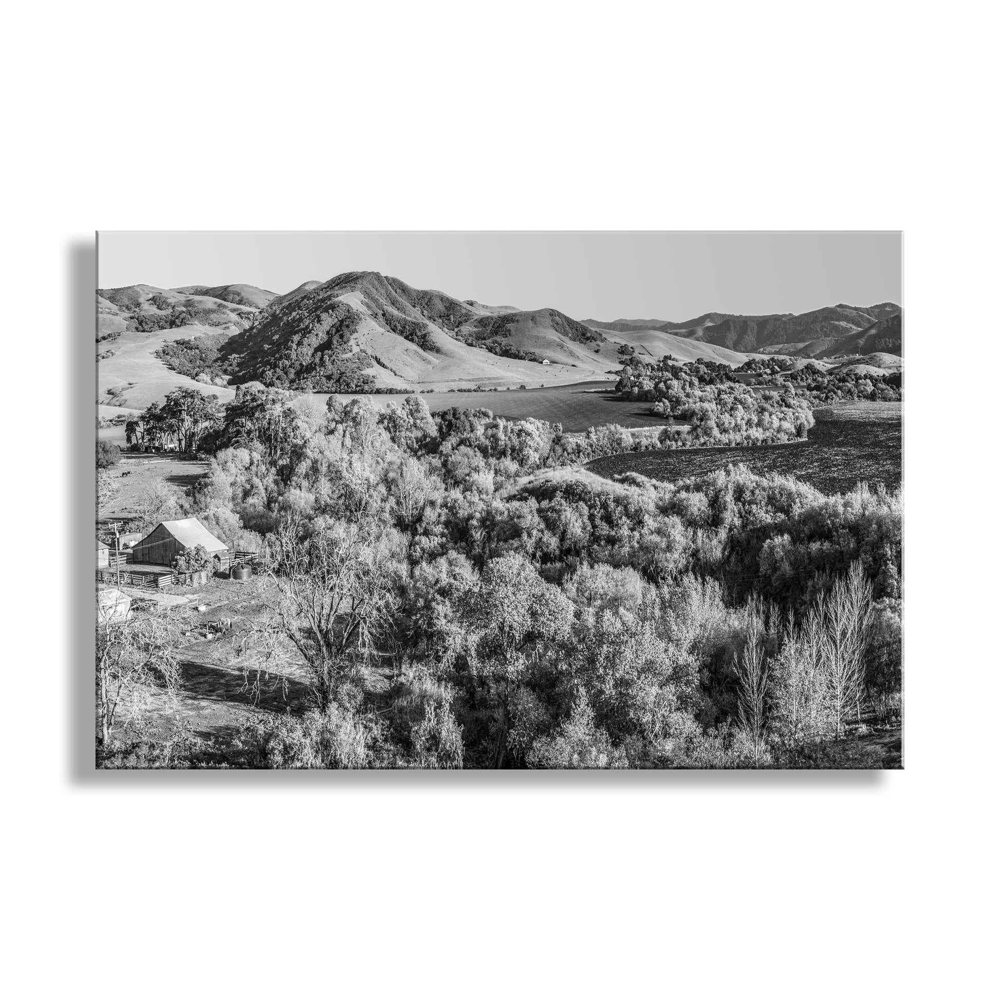 Black and white landscape of a valley with hills and trees. Lompoc California Farm Landscape Artwork in Black and White | Gift Art
