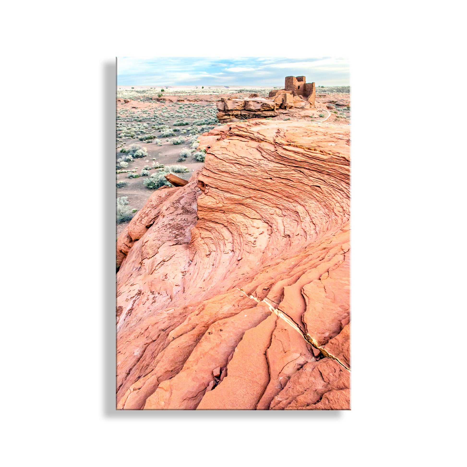 Red rock formation with a clear sky in the background. Red Rock Desert Landscape Photograph with Native American Cliff Dwelling in Arizona USA