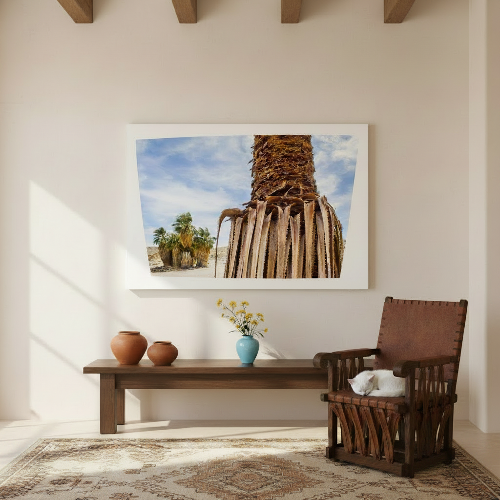 Canvas print of a desert scene with a palm tree against a blue sky. Anza-Borrego by Murray Bolesta