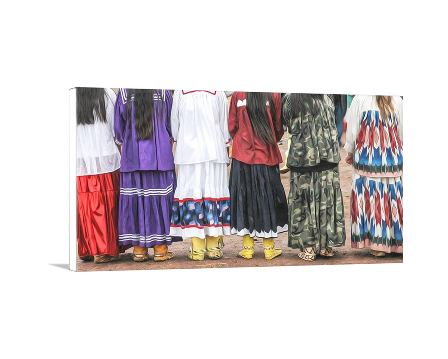 Group of people wearing colorful traditional outfits on a white background. Apache Women Folklorico Dance | Native American Heritage Art Print