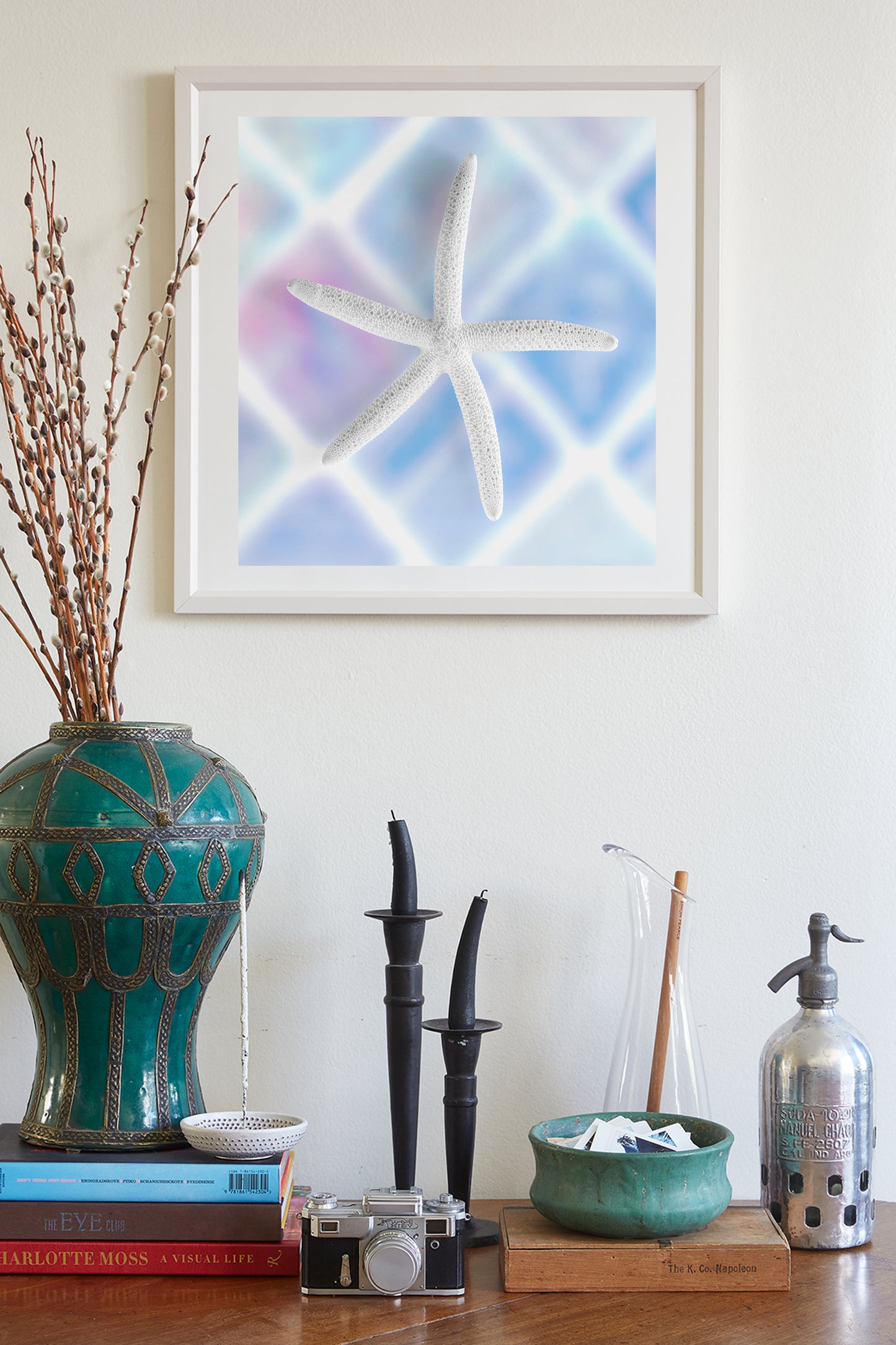 Blue Sea Shell Decor with Sea Star for Bathroom on Square Art Print