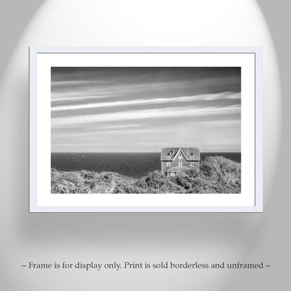 Block Island Art Photography Print with Seaside Cottage | Minimalist Wall Decor in Black and White