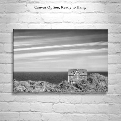 Block Island Art Photography Print with Seaside Cottage | Minimalist Wall Decor in Black and White