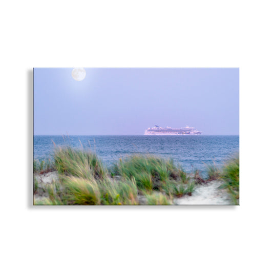 Cruise ship on the ocean with grass and sand in the foreground. Rhode Island Atlantic Coast art Print with Cruise Ship and Beach Grass