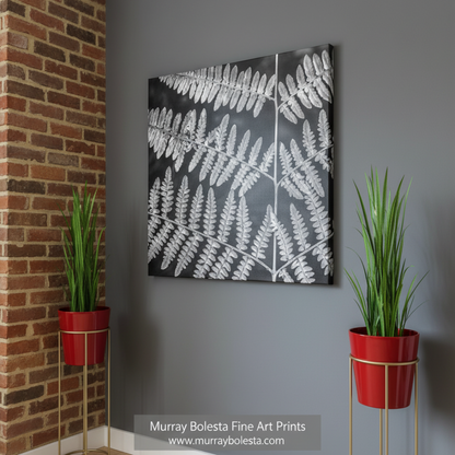 Black and white pattern of fern leaves on a white background by Murray Bolesta