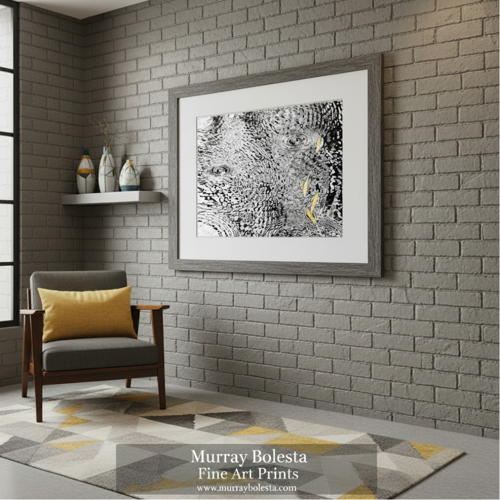 Abstract black and white pattern with yellow accents on a white background water ripples by Murray Bolesta
