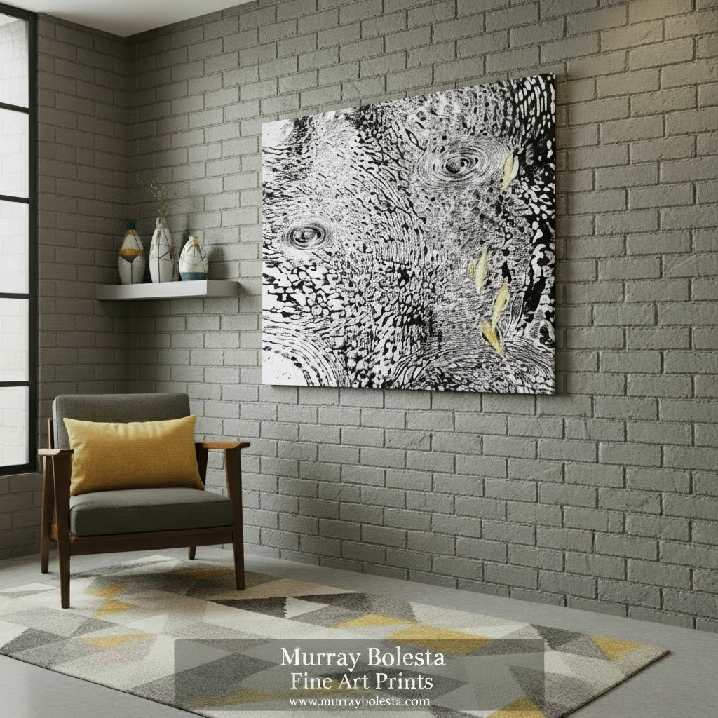 Abstract black and white fine art print with subtle yellow accents, displayed on a gray brick wall in a modern living room setting with a gray armchair and a geometric rug.  Sycamore Canyon by Murray Bolesta