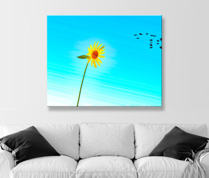 Sunflower Art Print Minimalist Nature Photography with Bird Flock