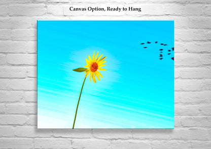 Sunflower Art Print Minimalist Nature Photography with Bird Flock