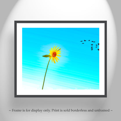 Sunflower Art Print Minimalist Nature Photography with Bird Flock