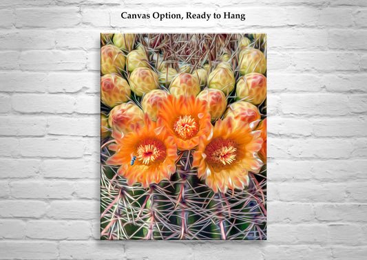 Bee and Cactus Flower Print with Desert Barrel Cactus Wildflowers