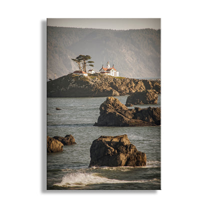 Lighthouse on a rocky outcropping with ocean waves in the foreground. Beautiful Crescent City! For your walls, my cool lighthouse art of Crescent City California. In the heart of Northern California's redwood coast, it's Del Norte County and the North Coast. This was one of the earliest lighthouses constructed on the USA West Coast, soon after California became a state! Original, unique signed art photograph by Murray Bolesta.