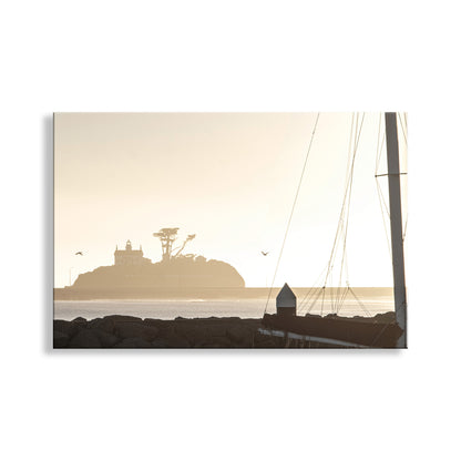 My splendid sunset scene from the dock of the bay! This is Battery Point Light at Crescent City from the harbor marina, with a sailboat and its rigging in the foreground and one of the huge pilings installed to allow big ocean swells after a violent history of tsunamis. Original, unique signed art by Murray Bolesta.