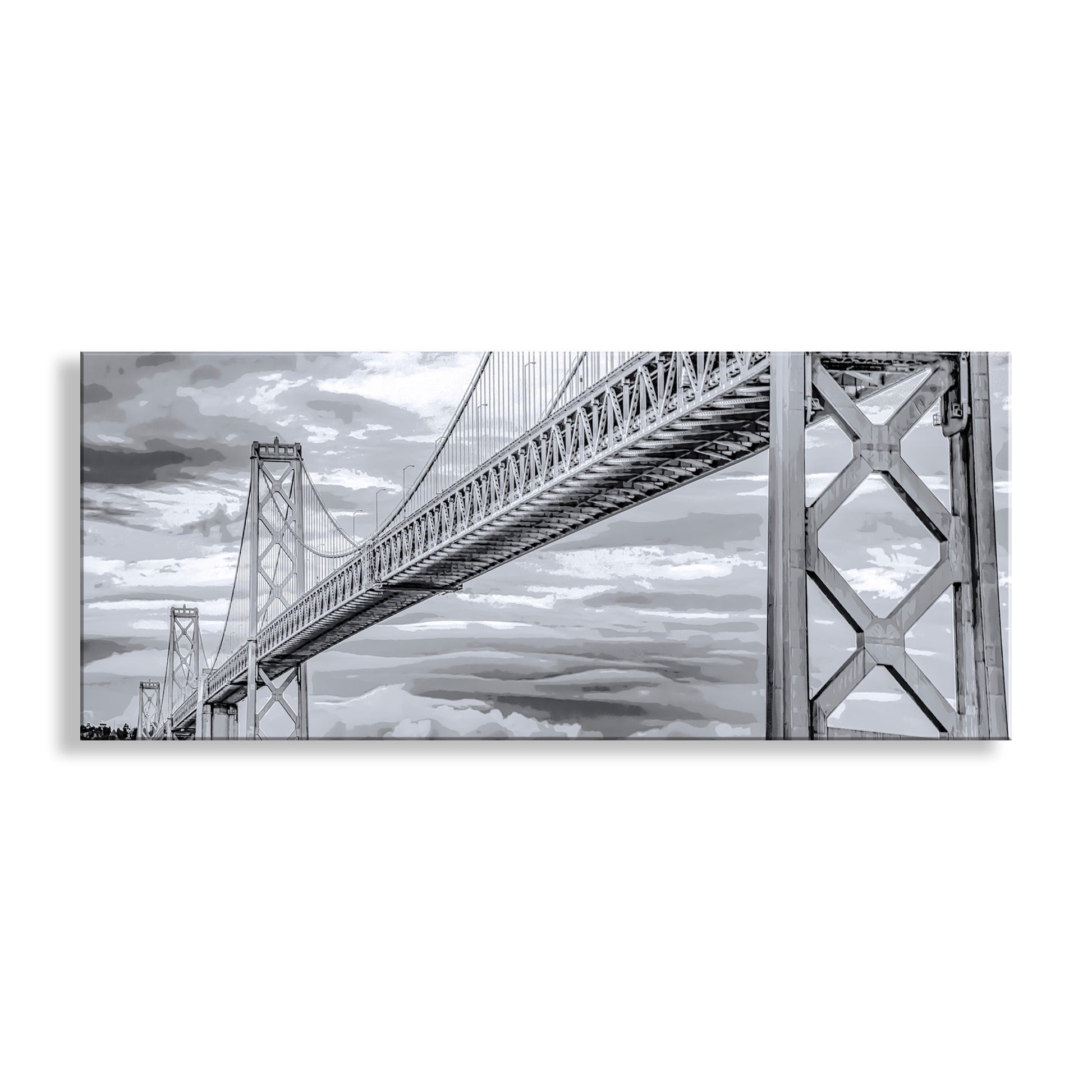 Beautiful Bay Bridge artwork! This is my original panoramic art of San Francisco's Bay Bridge. The bridge was completed in 1936, just months before the magnificent Golden Gate Bridge. With two levels, it was originally used for both cars and trains. Now, just cars. Part of it collapsed (the section to the east of Treasure Island) in the great Loma Prieta earthquake of 1989. This image has a slight blue-gray tint, and is not black &amp; white. Original, unique signed art by Murray Bolesta.
