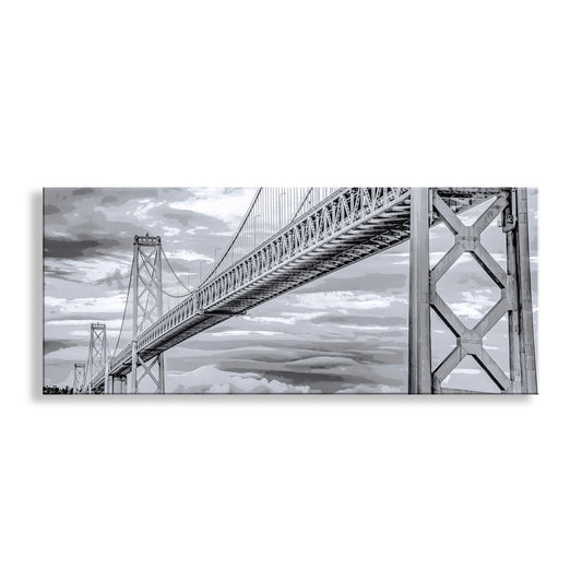 Beautiful Bay Bridge artwork! This is my original panoramic art of San Francisco's Bay Bridge. The bridge was completed in 1936, just months before the magnificent Golden Gate Bridge. With two levels, it was originally used for both cars and trains. Now, just cars. Part of it collapsed (the section to the east of Treasure Island) in the great Loma Prieta earthquake of 1989. This image has a slight blue-gray tint, and is not black &amp; white. Original, unique signed art by Murray Bolesta.