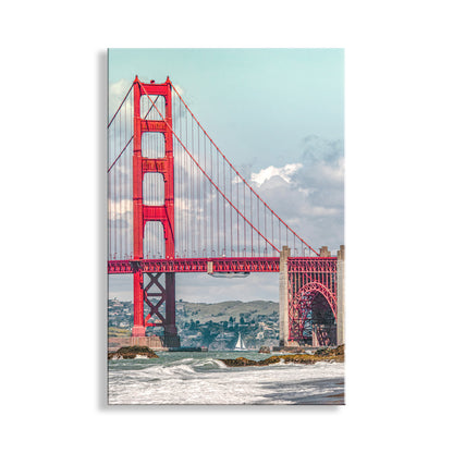 My pretty picture of a sailboat in San Francisco Bay, towered over by the imposing Golden Gate Bridge. On the right, historic Fort Point lies protected under the arch. Original, unique signed art by Murray Bolesta!
