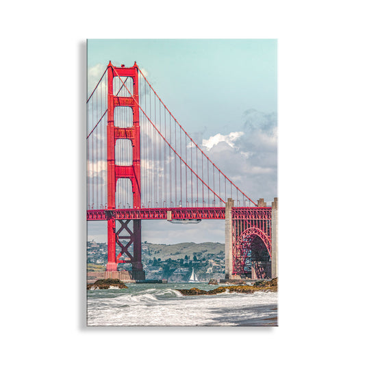 My pretty picture of a sailboat in San Francisco Bay, towered over by the imposing Golden Gate Bridge. On the right, historic Fort Point lies protected under the arch. Original, unique signed art by Murray Bolesta!