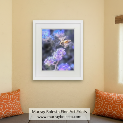 Canvas print of a bee on a flower with a blue and purple abstract background. Bee Nature Art Print with Tucson Arizona Desert Phacelia Wildflower by Murray Bolesta