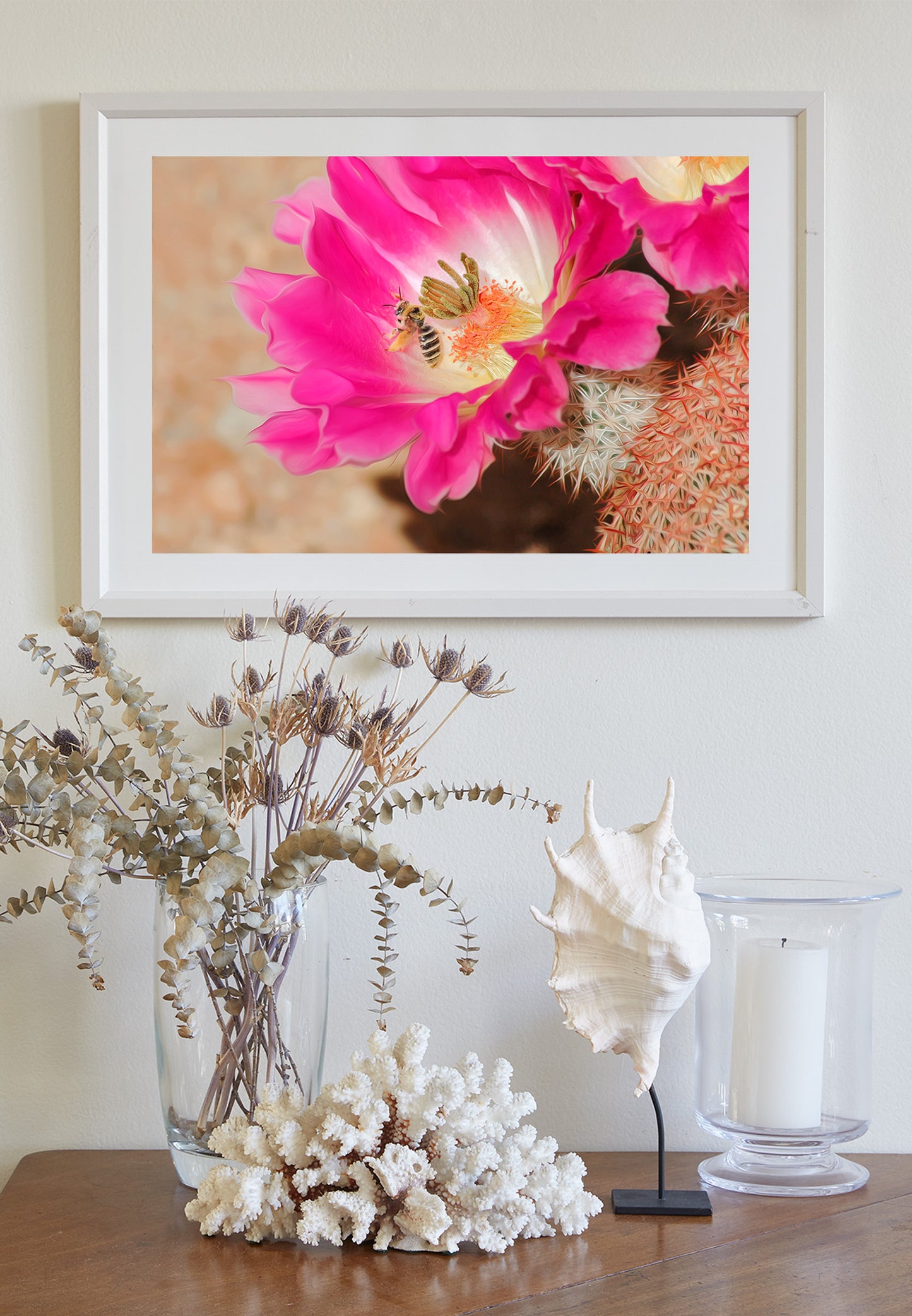 Bee Photograph with Cactus Flower in Southern Arizona Desert