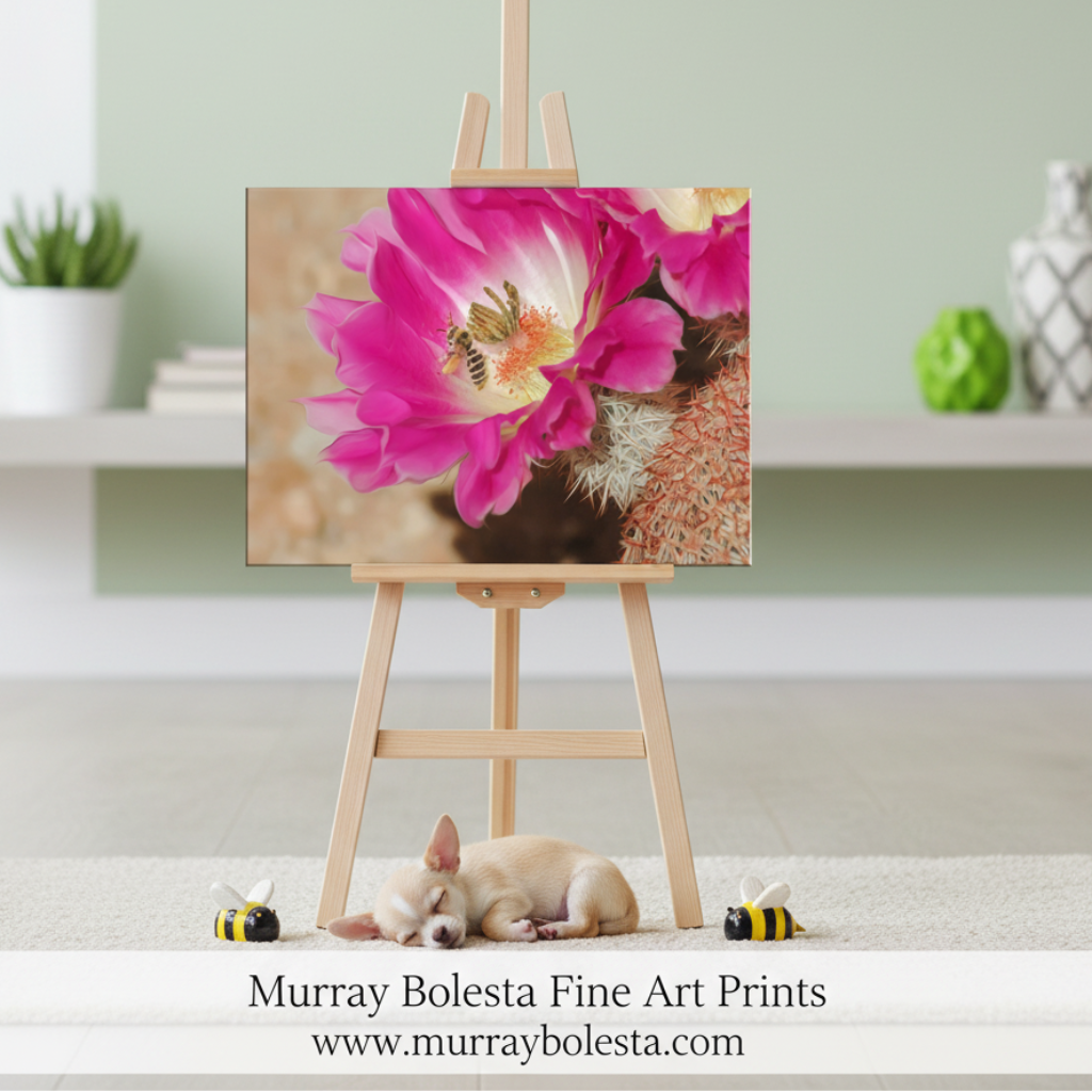 Canvas print of a pink cactus flower with a bee on a beige background by Murray Bolesta