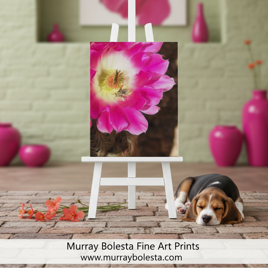 Close-up of a pink cactus flower with a bee on a white background. Bee and Cactus Flower Nature Wall Decor in Southwest USA Desert by Murray Bolesta