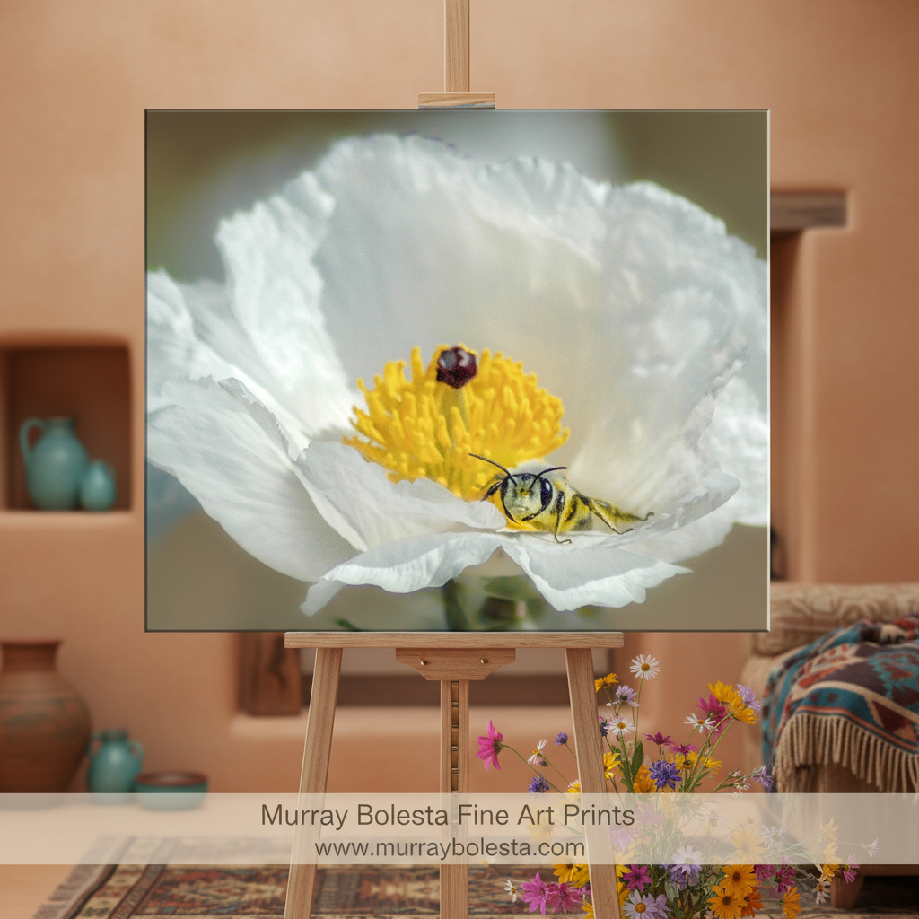 White flower with a yellow center and a bee on a white background. Bumble Bee on Prickly Poppy Flower | Fine Art Desert Nature Photo by Murray Bolesta